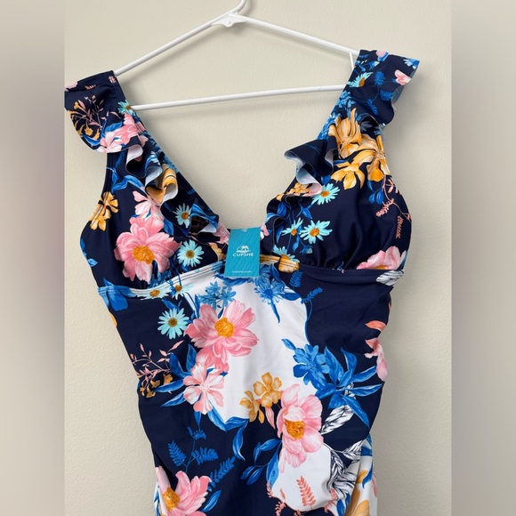 Elegant Sunny Flower Ruffled Lace-Back One Piece Swimsuit Size L NWT - Picture 5 of 14